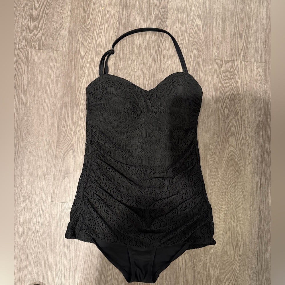 Merona Black Lace One-Piece Halter Swimsuit size Medium